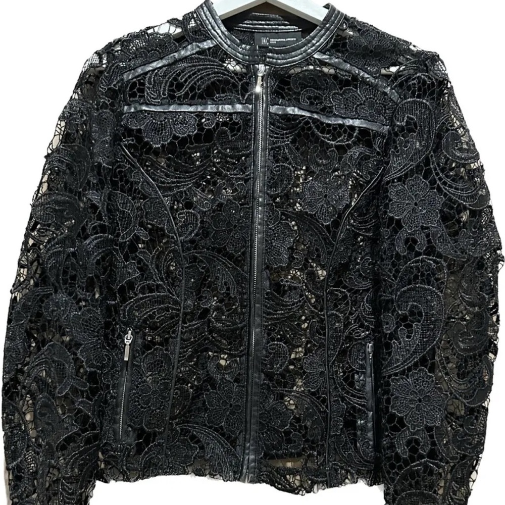 INC Faux Leather Trimmed Lace Moto Jacket.